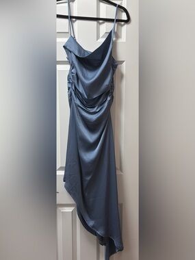Elegant Blue Satin Asymmetrical Draped Women’s Dress